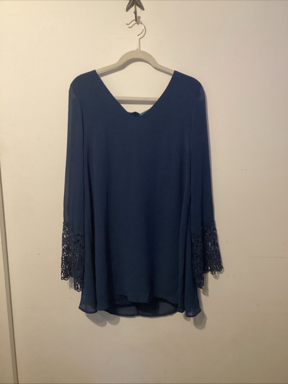 Boho Chic Umgee LG Navy Blue Chiffon Tunic Dress Velvet Tie Back & Bell Sleeves